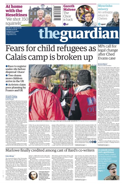 The Guardian Newspaper Front Page (UK) for 24 October 2016
