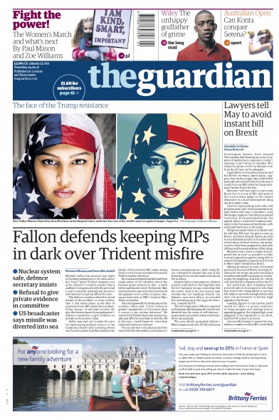 The Guardian Newspaper Front Page (UK) for 24 January 2017