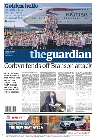 The Guardian Newspaper Front Page (UK) for 24 August 2016