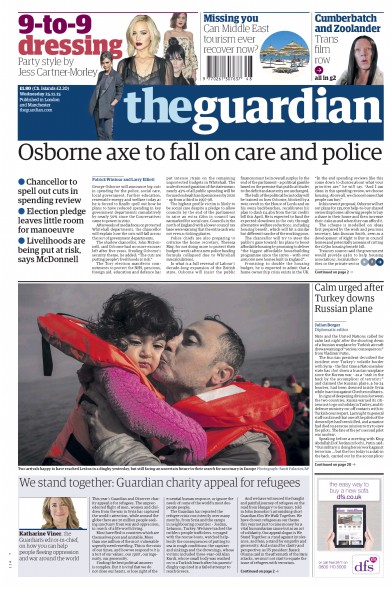The Guardian Newspaper Front Page (UK) for 25 November 2015