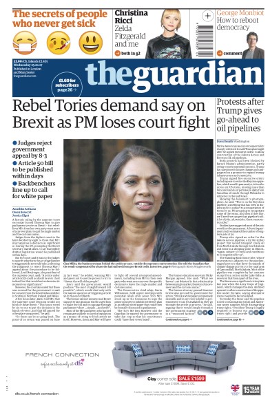 The Guardian Newspaper Front Page (UK) for 25 January 2017