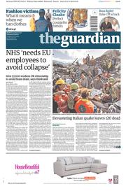 The Guardian (UK) Newspaper Front Page for 25 August 2016