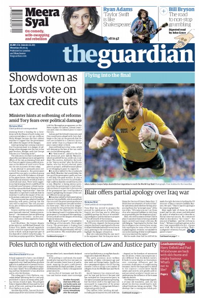 The Guardian Newspaper Front Page (UK) for 26 October 2015