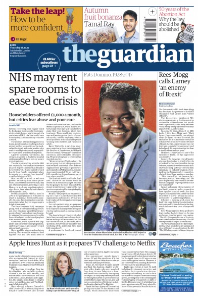 The Guardian Newspaper Front Page (UK) for 26 October 2017