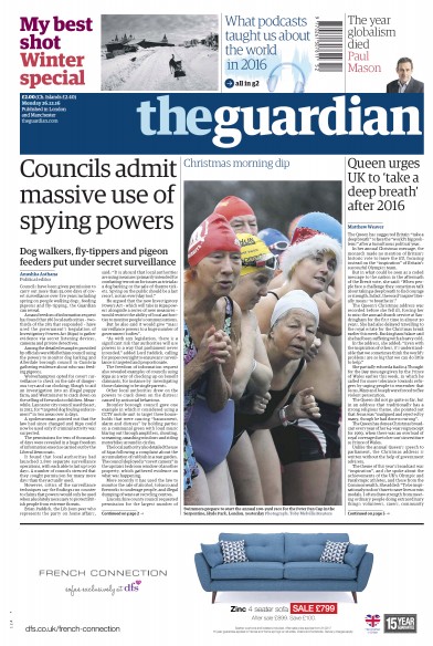 The Guardian Newspaper Front Page (UK) for 26 December 2016