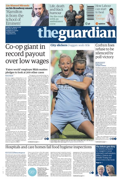 The Guardian Newspaper Front Page (UK) for 26 September 2016