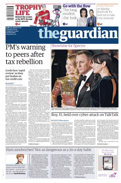 The Guardian Newspaper Front Page (UK) for 27 October 2015