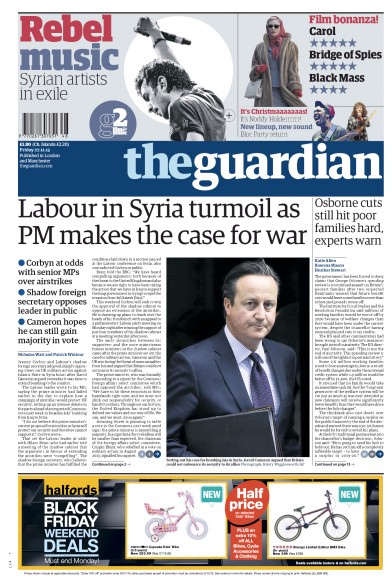 The Guardian Newspaper Front Page (UK) for 27 November 2015