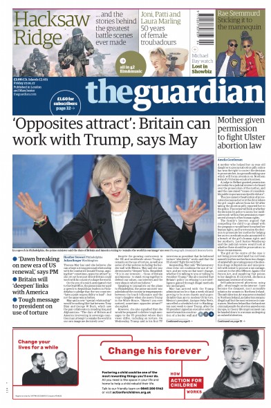 The Guardian Newspaper Front Page (UK) for 27 January 2017