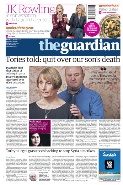 The Guardian Newspaper Front Page (UK) for 28 November 2015