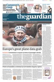 The Guardian Newspaper Front Page (UK) for 28 January 2015