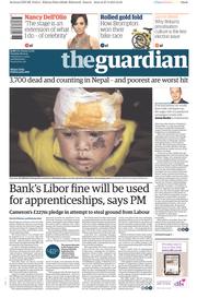 The Guardian Newspaper Front Page (UK) for 28 April 2015