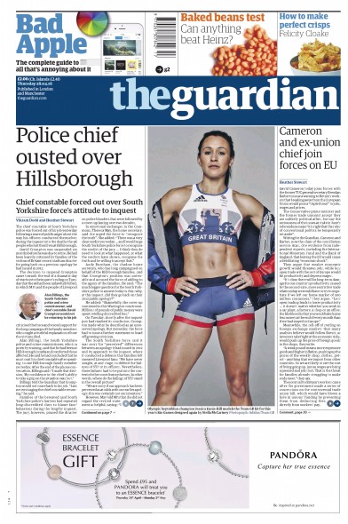 The Guardian Newspaper Front Page (UK) for 28 April 2016