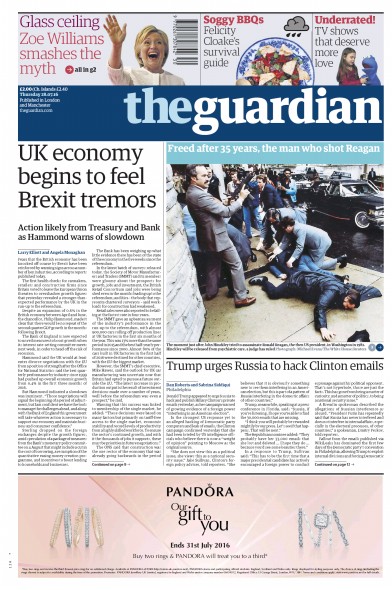 The Guardian Newspaper Front Page (UK) for 28 July 2016