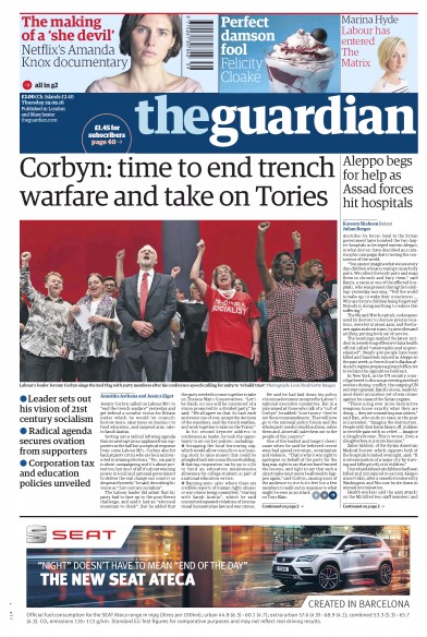 The Guardian Newspaper Front Page (UK) for 29 September 2016
