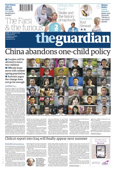 The Guardian Newspaper Front Page (UK) for 30 October 2015