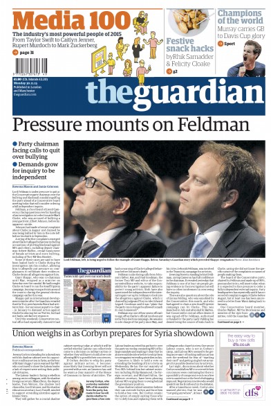 The Guardian Newspaper Front Page (UK) for 30 November 2015