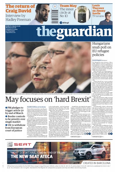The Guardian Newspaper Front Page (UK) for 3 October 2016