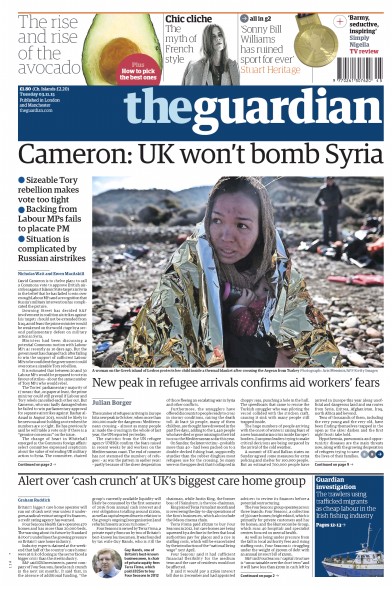 The Guardian Newspaper Front Page (UK) for 3 November 2015