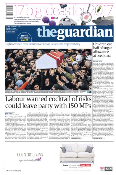 The Guardian Newspaper Front Page (UK) for 3 January 2017