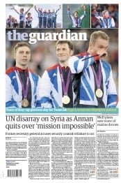 The Guardian Newspaper Front Page (UK) for 3 August 2012