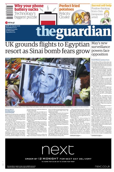 The Guardian Newspaper Front Page (UK) for 5 November 2015