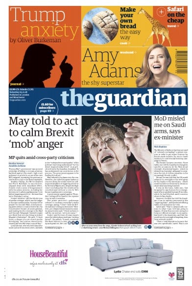 The Guardian Newspaper Front Page (UK) for 5 November 2016