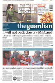 The Guardian Newspaper Front Page (UK) for 7 February 2015