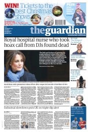 The Guardian Newspaper Front Page (UK) for 8 December 2012