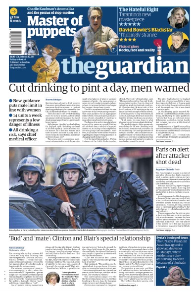 The Guardian Newspaper Front Page (UK) for 8 January 2016