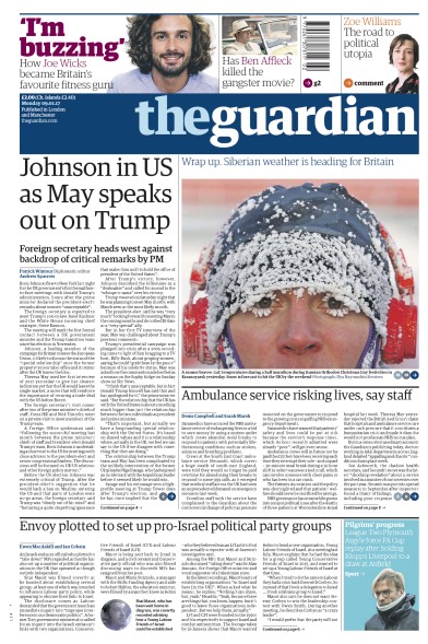 The Guardian Newspaper Front Page (UK) for 9 January 2017