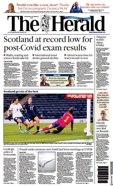 The Herald Newspaper Front Page (UK) for 6 December 2023