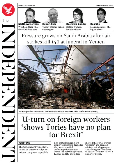 The Independent Newspaper Front Page (UK) for 10 October 2016