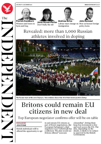 The Independent Newspaper Front Page (UK) for 10 December 2016