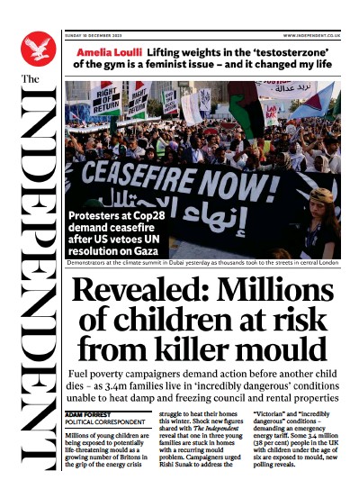 The Independent Newspaper Front Page (UK) for 10 December 2023