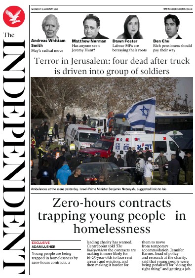 The Independent Newspaper Front Page (UK) for 10 January 2017