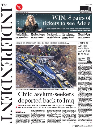The Independent Newspaper Front Page (UK) for 10 February 2016