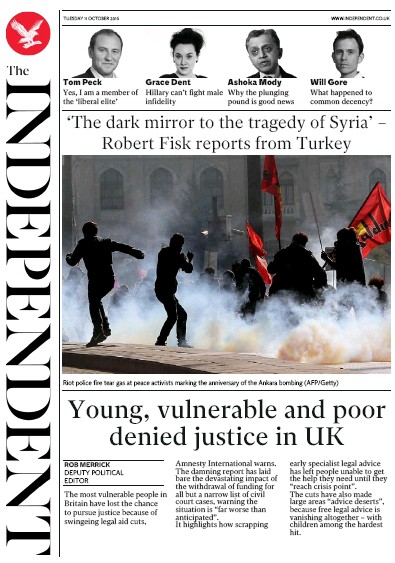The Independent Newspaper Front Page (UK) for 11 October 2016