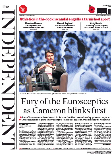 The Independent Newspaper Front Page (UK) for 11 November 2015