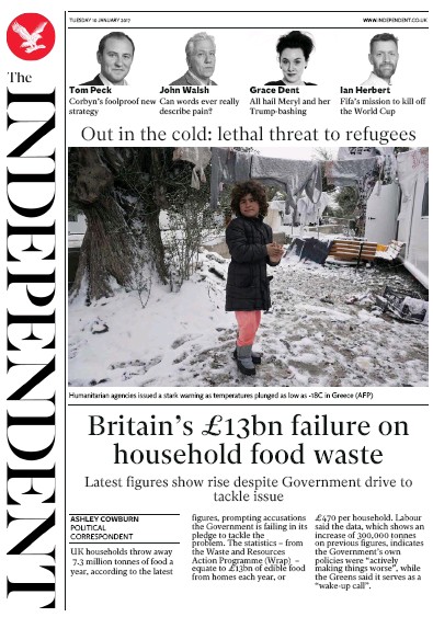 The Independent Newspaper Front Page (UK) for 11 January 2017