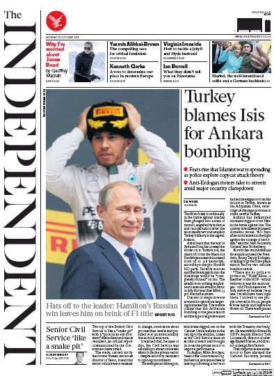 The Independent Newspaper Front Page (UK) for 12 October 2015