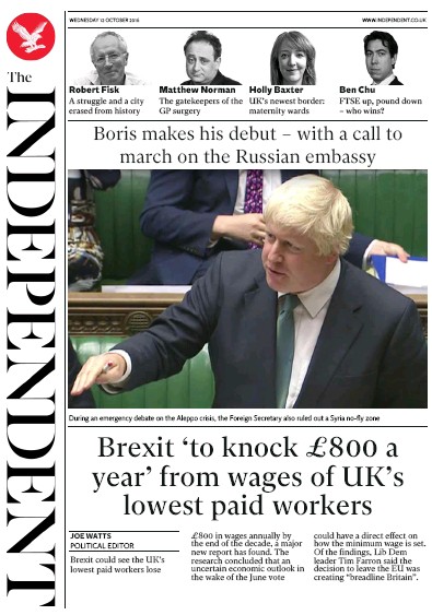 The Independent Newspaper Front Page (UK) for 12 October 2016