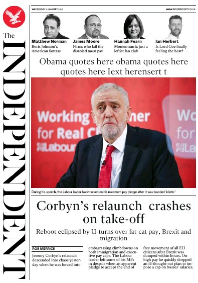 The Independent Newspaper Front Page (UK) for 12 January 2017