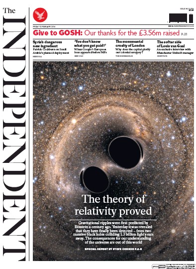 The Independent Newspaper Front Page (UK) for 12 February 2016