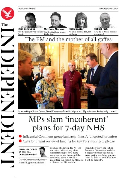 The Independent Newspaper Front Page (UK) for 12 May 2016