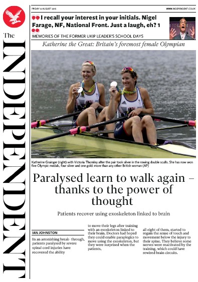 The Independent Newspaper Front Page (UK) for 12 August 2016