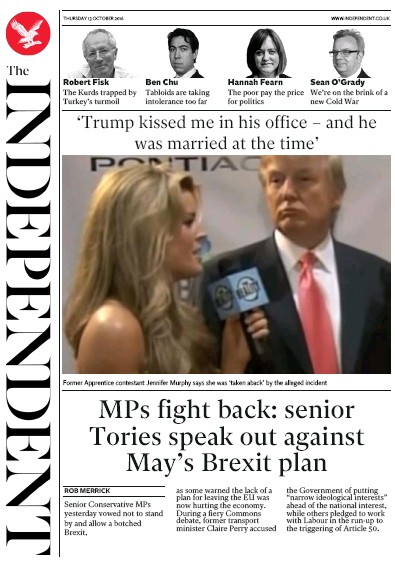 The Independent Newspaper Front Page (UK) for 13 October 2016