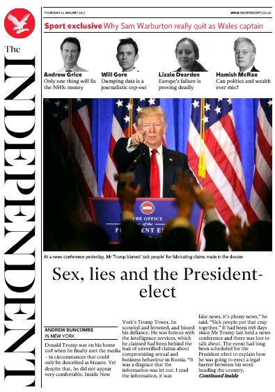 The Independent Newspaper Front Page (UK) for 13 January 2017