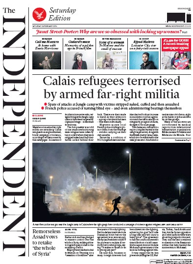 The Independent Newspaper Front Page (UK) for 13 February 2016