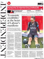 The Independent (UK) Newspaper Front Page for 13 April 2015